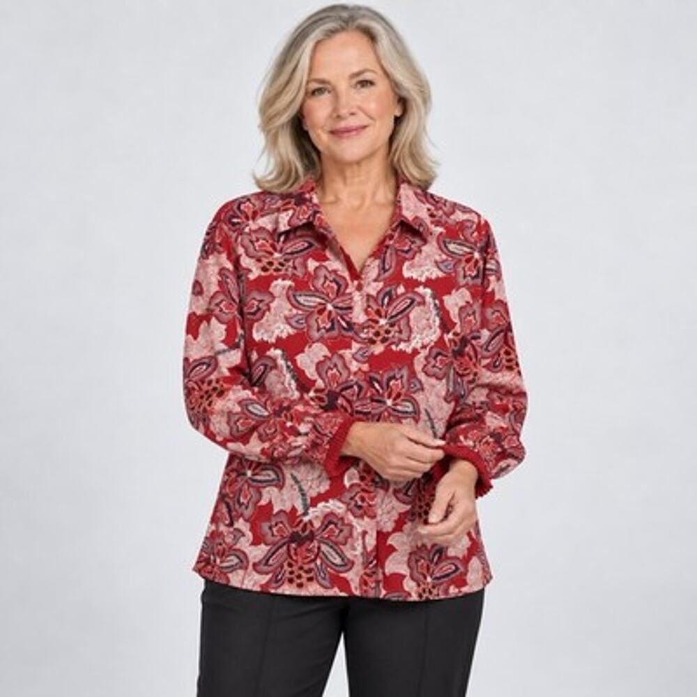 Chicos 3.5 Pleated Pintuck Button Up Top XL Red Multicolor Modern Floral